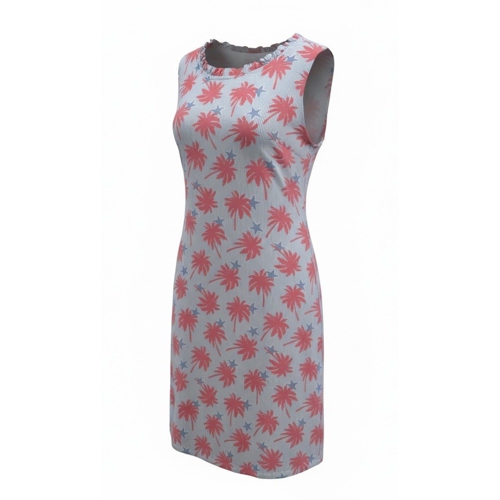 Crown & Ivy Women 12P sleeveless dress with pockets tropical palm tree striped